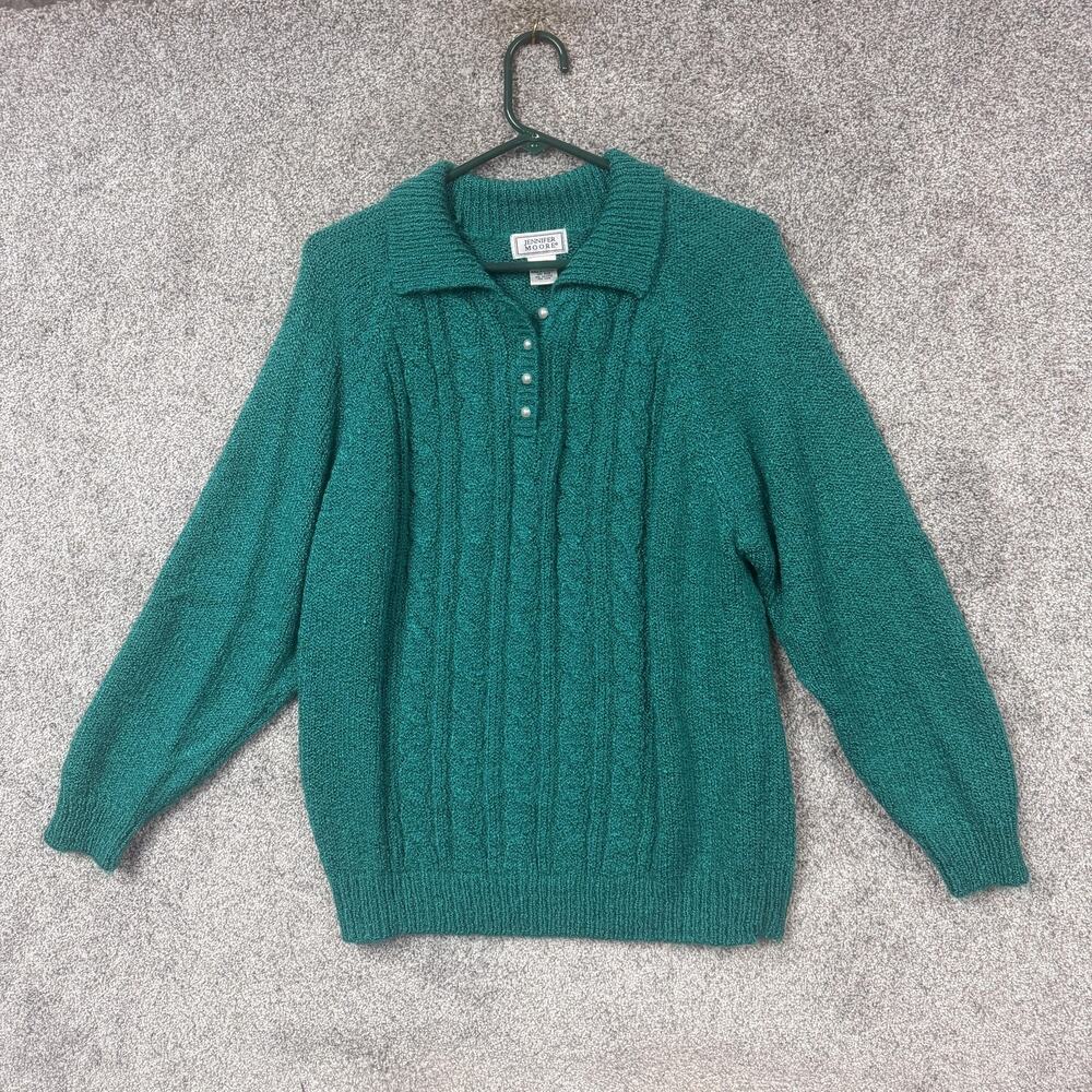Vintage Y2K Jennifer Moore Sweater XL Teal Cable Knit Preppy Coastal Grandmother
